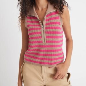 525 America Half-Zip Front Striped Tank Rib Knit Sweater Pink & Tan *NWT*